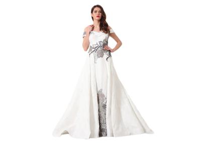 Embroidery Long V Neck Evening Dresses Short Sleeve A line Design