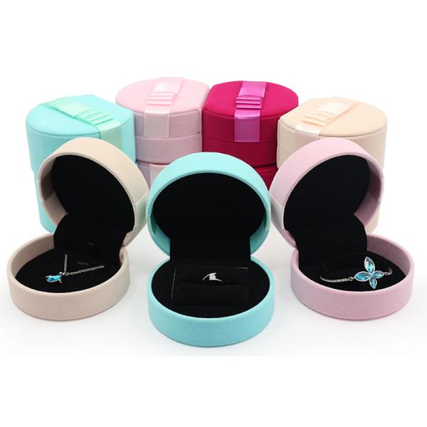 Colorful Faux Suede Jewelry Velvet Box Round Shaped Wedding Ring Box With Ribbons