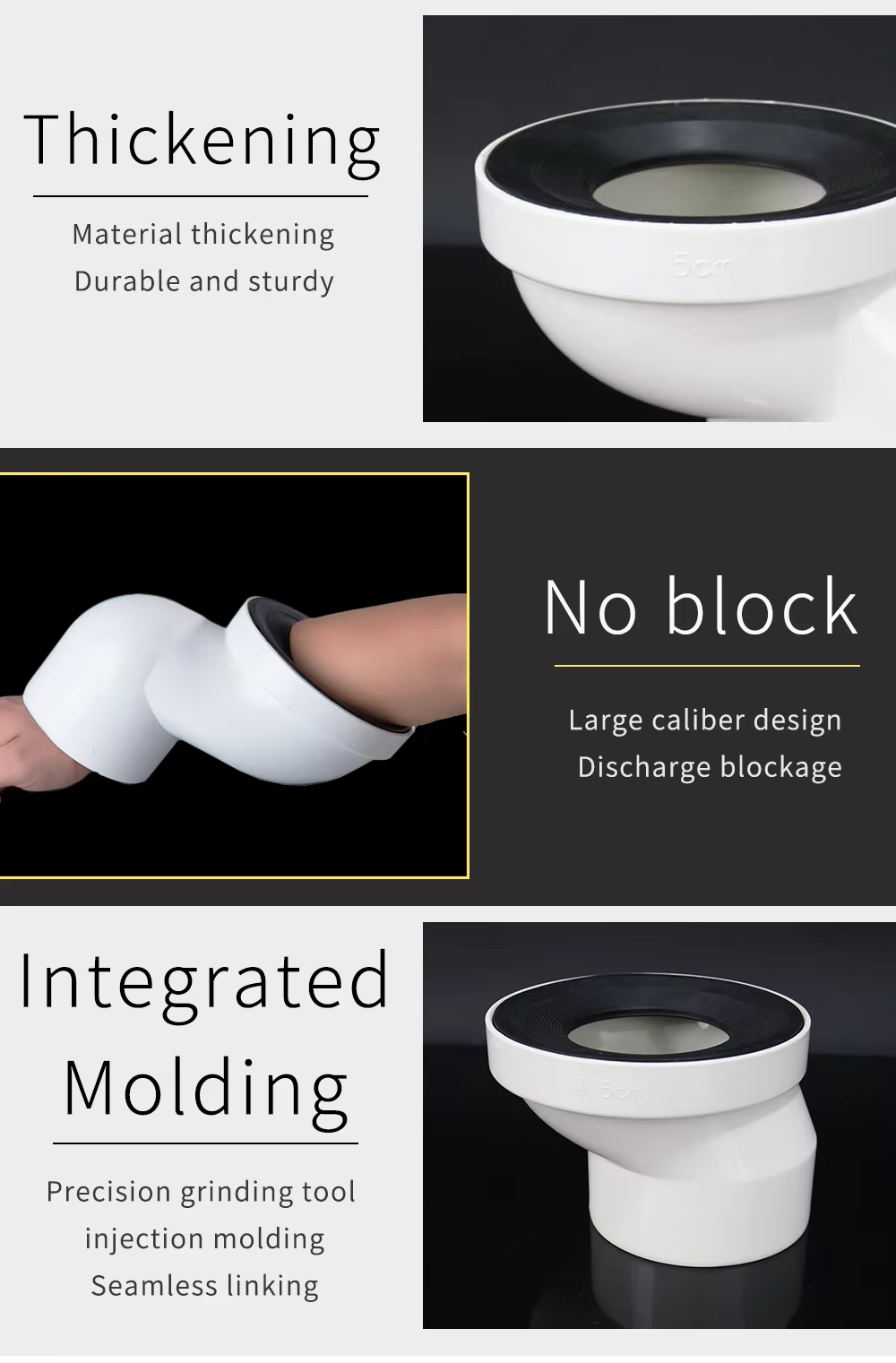 the white pvc toilet positioner pipe fitting with rubber ring directly discharges water.