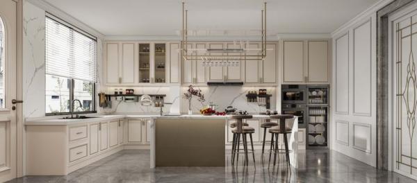 Elegante e elegante gabinete de cozinha Beige moderno com opulento aço inoxidável de mármore branco