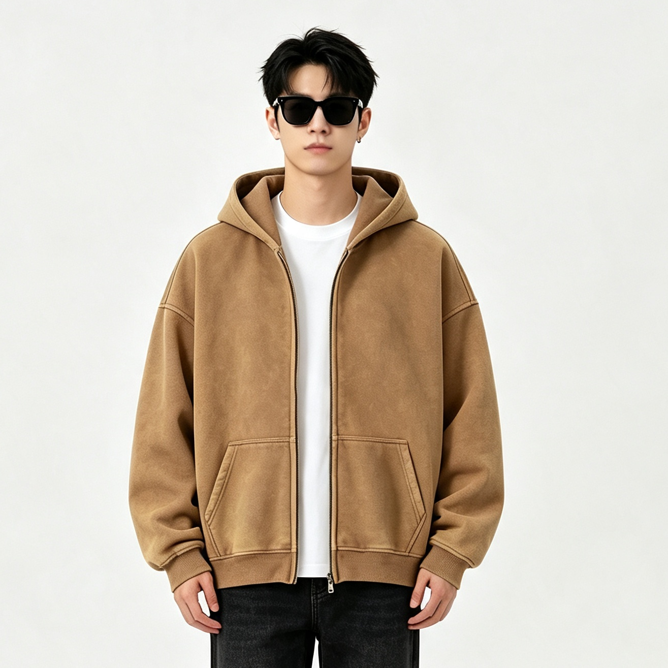 Men’s Vintage Washed Zip-Up Hoodie Oversized Fleece Lined Winter Casual Sweatshirt