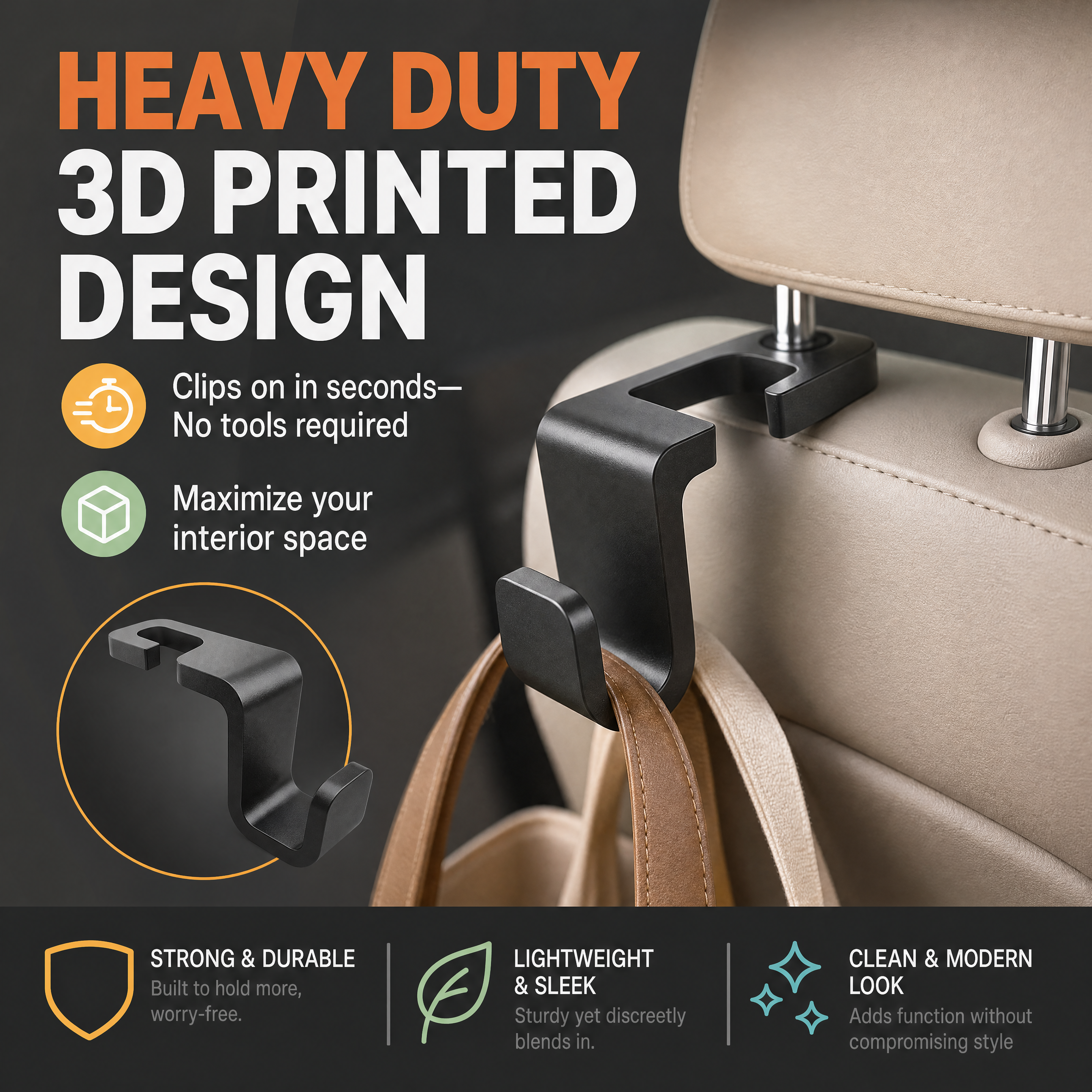 Custom Color 3D Printed Automotive Parts Hanging Sturdy Load Bearing Car Headrest Storage