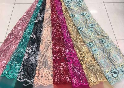 Embroidered Sequin Lace Fabric , Floral Tulle Fabric For Fashion Party Gown Dress