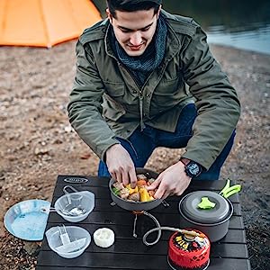 Stainless Steel Camping Outdoor Cookware Mess Kit Set, Folding Cookset Camping Teapot and Pans Set Equipment