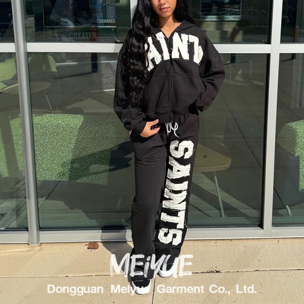 Embroidered Patch Sweatpants And Hoodie Set Ladies Jogging Suits Heavyweight