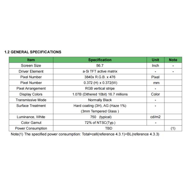 56.7 дюймовый растянутый дисплей 3840x476 Metro Bar LCD панель JB567MTG 3MM стекло