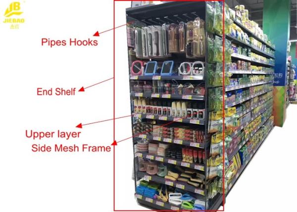 Double Side Supermarket Steel Racks With Price Stopper Fence End Shelf