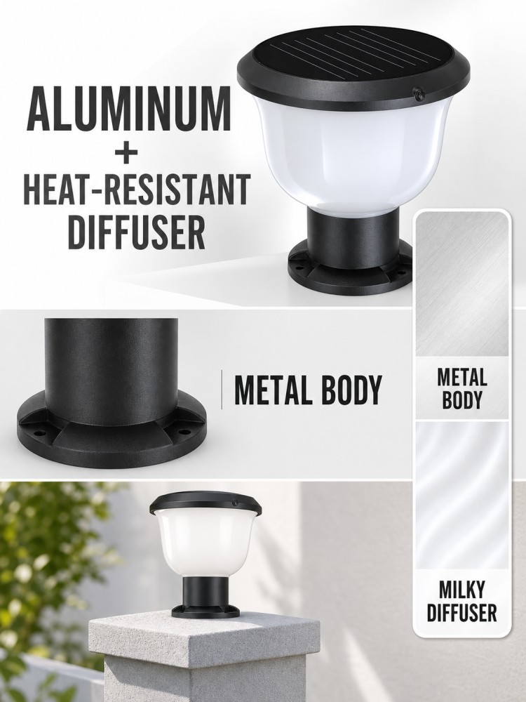 Frosted Glass Cup Soft Glow 5W Round Solar Powered Fence Post Caps For Villa Garden Lighting