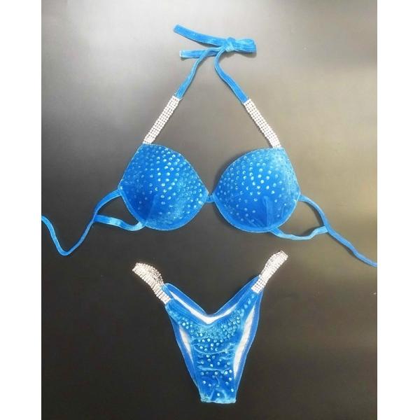 Classic NPC Bikini Competition Suits , Bodybuilding Bikini Suits Blue Red Velvet