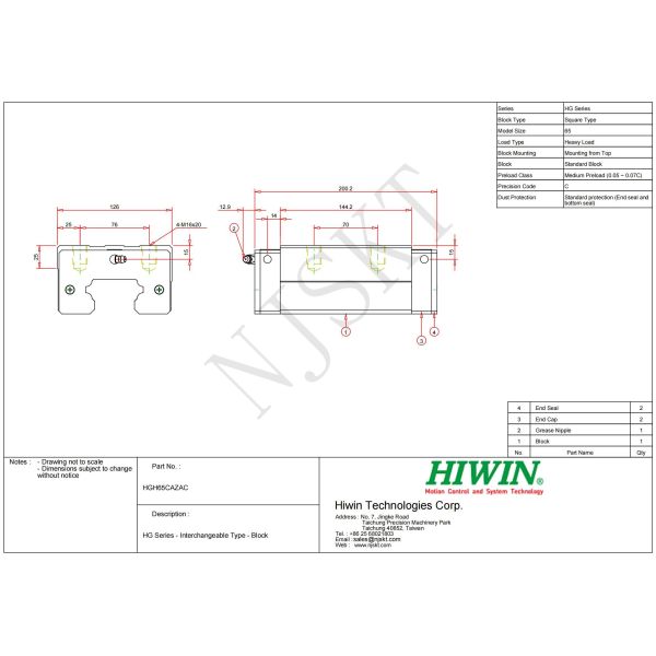 Bloc de guidage linéaire HIWIN HGH65CA 65mm Rail de guidage pour convoyeur