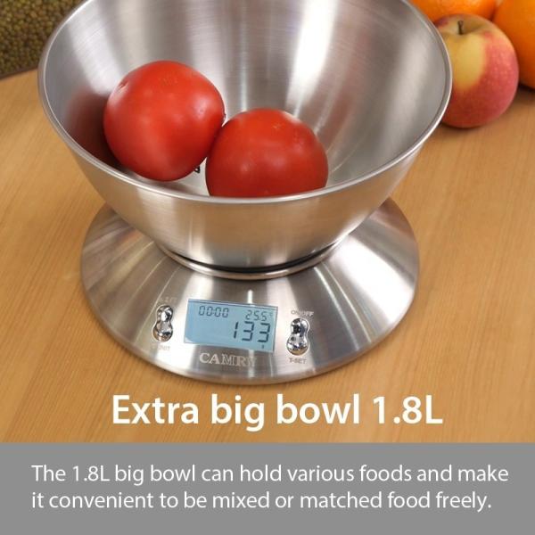 Recomendación de peso máximo de 5 kg Balanza de cocina electrónica de acero inoxidable con bandeja de báscula, temporizador y termómetro digital