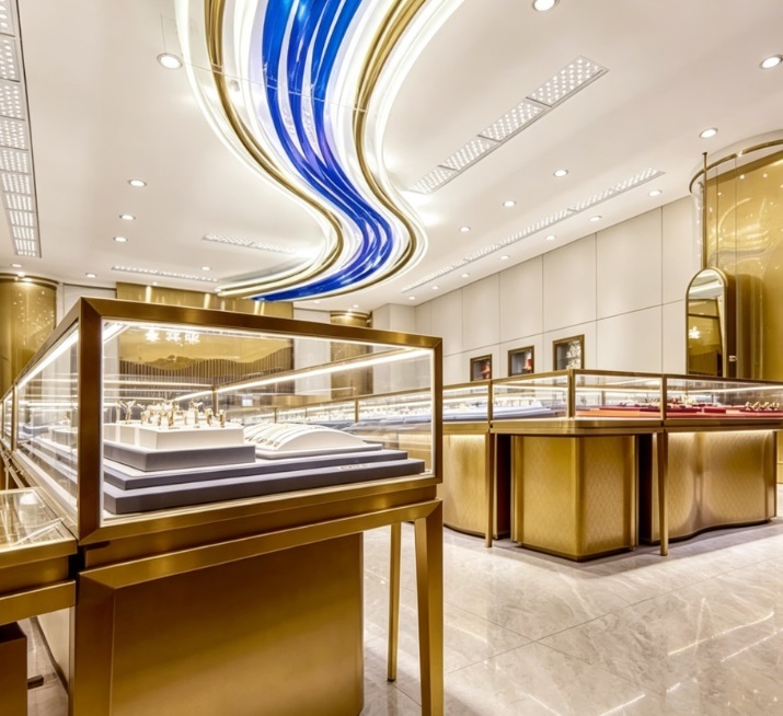 Custom Modern Jewelry Shop Solution, Premium Champagne Gold Showcase with Integrated LED Lighting