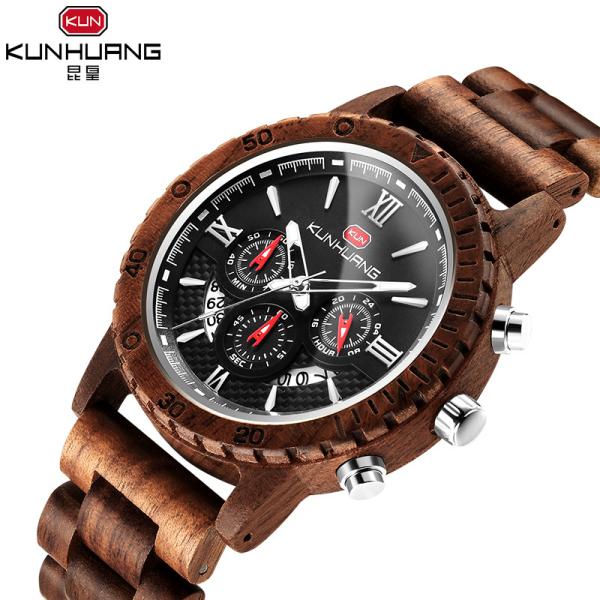 1 ATM Black Dial Walnut Wooden Quartz Watch Date Month Stopwatch For Man
