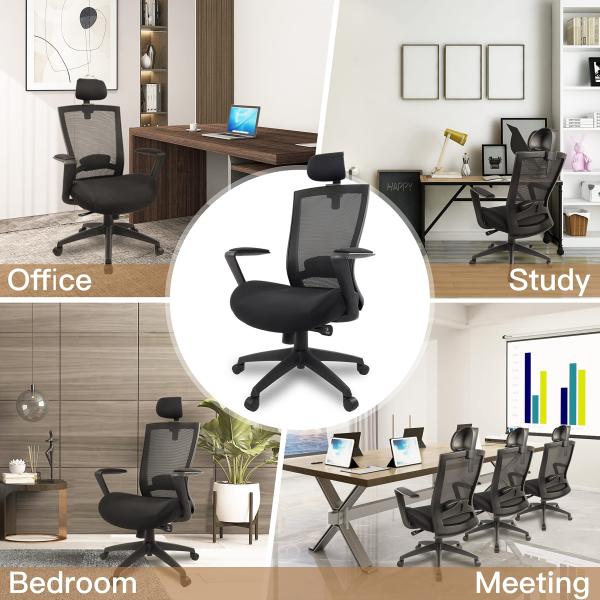 Ergonomic Mesh Office Chair with Thickened Cushion and Adjustable Headrest Flip Arm