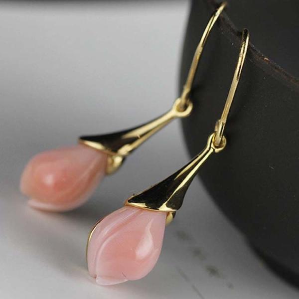 18K Gold Plated Sterling 925 Silver Pink Shell Sculptured Tulip Drop Earring (EZ760003E)
