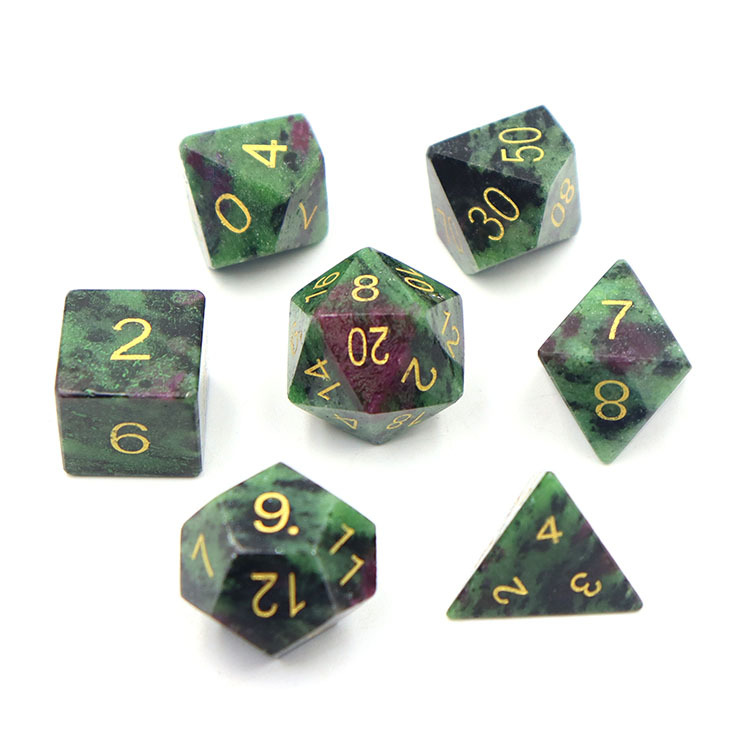 Natural Ruby Zoisite Gemstone Polyhedral Dice Set - Hand Carved DND Dice with Golden Paint Engraved Numbers