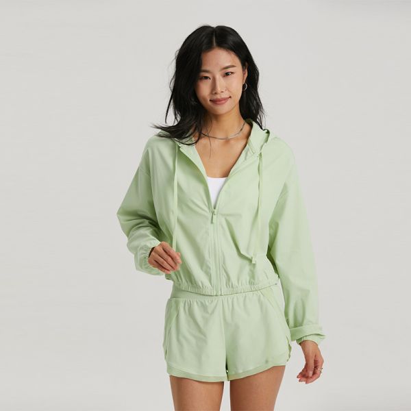 Womens Nylon Zip Up Hooded Sun Protection Jacket Shorts Set UPF 50 for Errands
