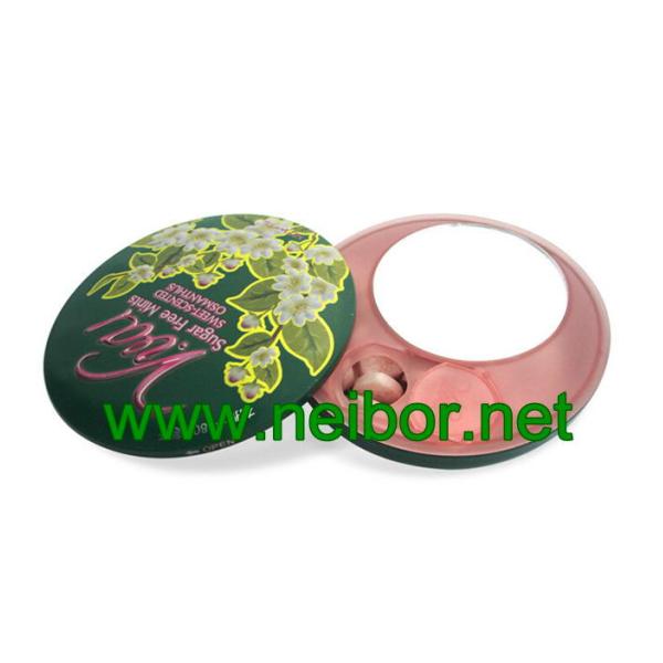 Food grade round mint tin box with plastic dispenser and mirror