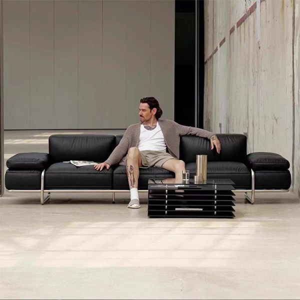 Bauhaus-Style High-Legged Straight-Line Sofa Multi-Seat Leather for Living Room Villa Business Negotiation Made Durable PU
