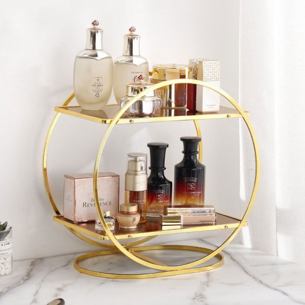 Round 2 Tier Cosmetics Storage Shelf Dresser Desktop Metal Large-capacity Perfume Display Holder Makeup Brush Lipstick Organizer