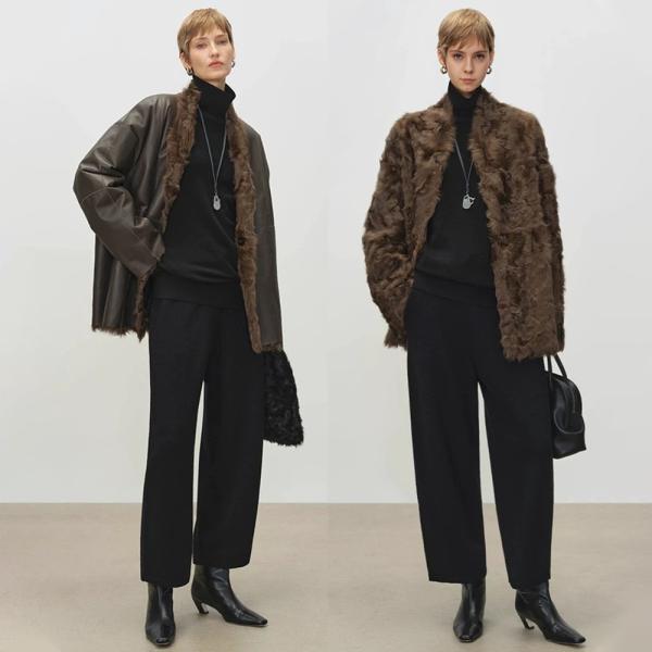 Persian Lamb Faux Fur Coat with Stand-up Collar Cruelty-Free Hip-length Loose Outerwear for Women