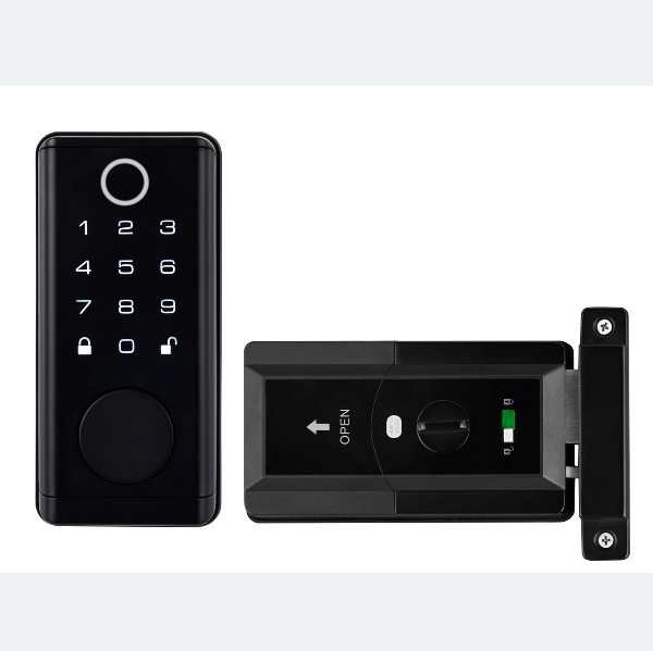 Un ensemble de portes noires et une serrure de porte intelligente