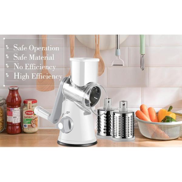 3 Drum Blades Stocked Rotary Cheese Grater for Manual Vegetable Slicer and Walnuts Grinder