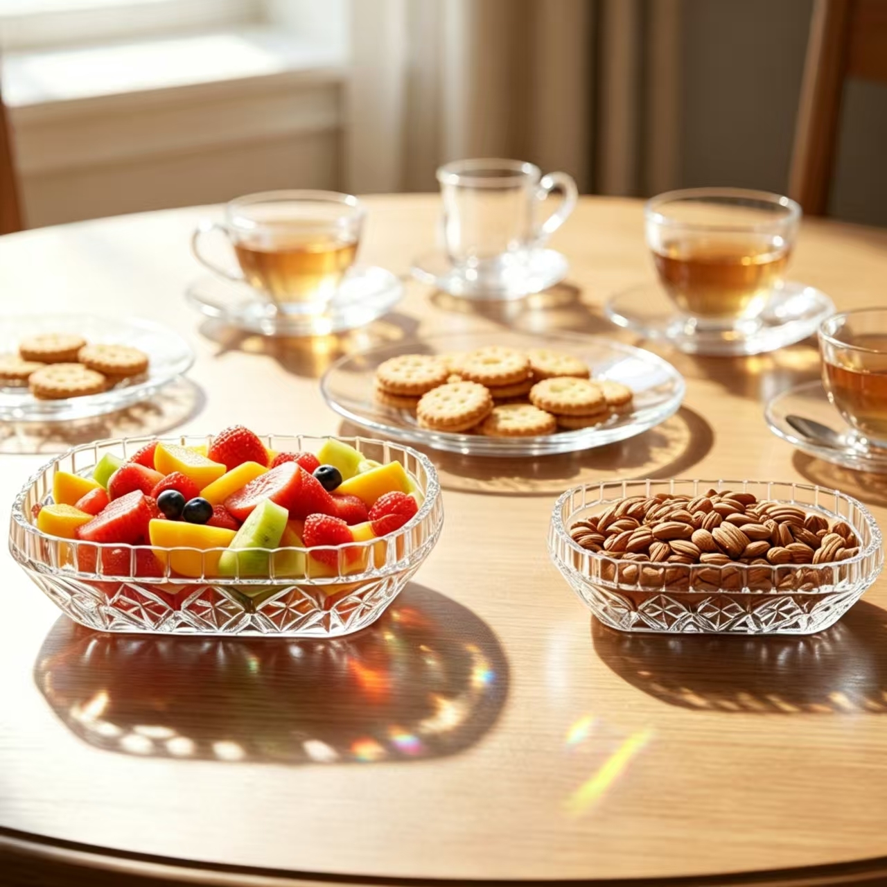 Premium Elegant Transparent Glass Snack Bowl Set, Rectangular Glass Serving Dishes for Fruit Nuts Cookies Dessert
