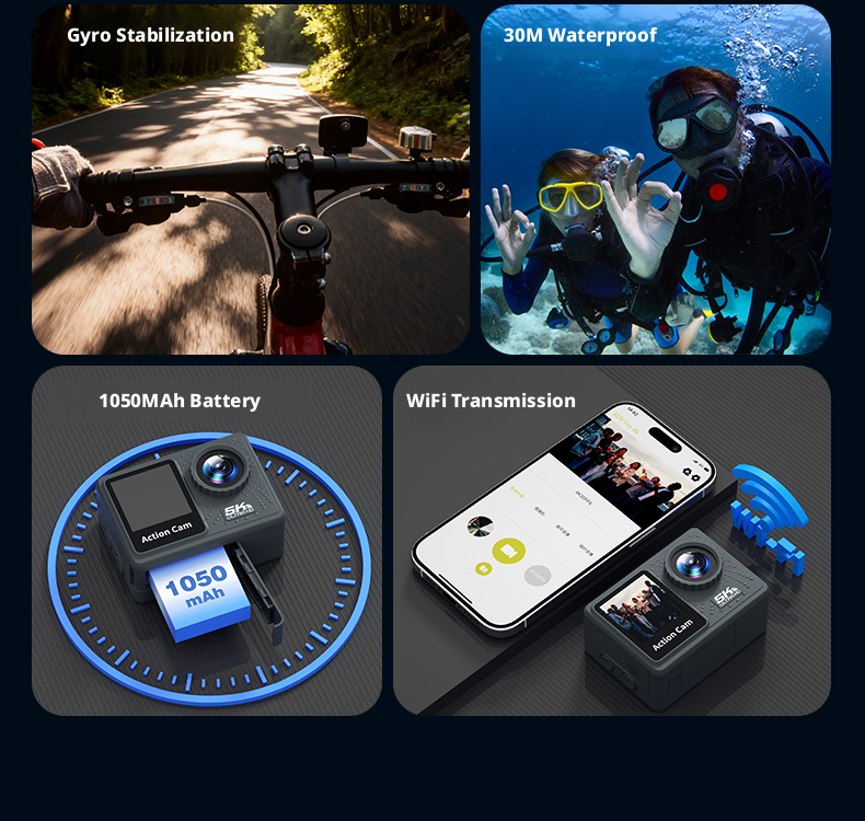 5K Dual Screen Action Camera 30M Waterproof EIS Stabilization Sports Camera for Outdoor