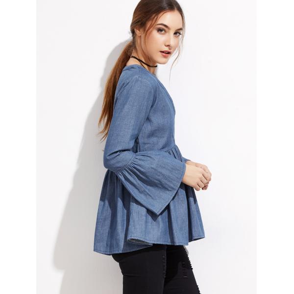 Дамы покрывают глубокая рубашка джинсовой ткани рукавов крышки в-неклине для женщин