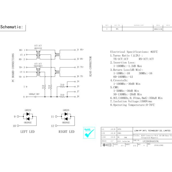 Врезанные модули LPJ26204A31NL Серийн-к-Локальных сетей Multi-порта RJ45 фильтра 203316