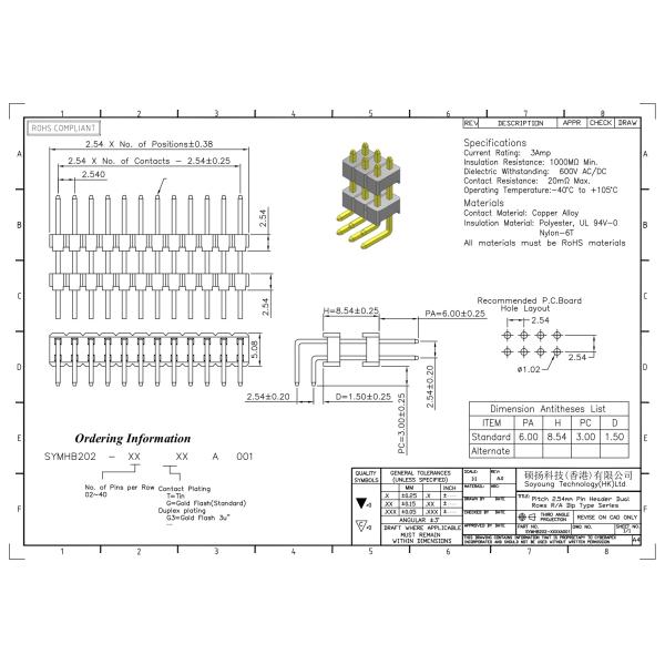 ТИП 2 *2PIN двойной строки соединителя 2.54mm заголовка Pin R/A к 2*40PIN H=2.54MM