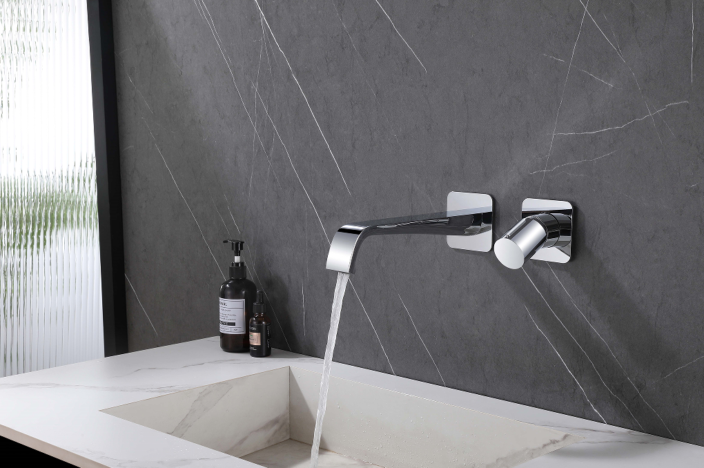Elongated Spout Bathroom Faucet Taps Square Flat Escutcheon Concealed Wall Mount Polished Chrome