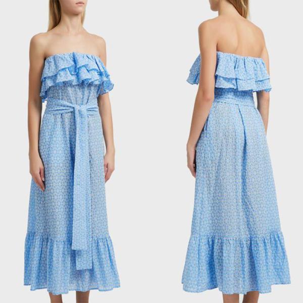 Algodão azul das mulheres fora das mulheres florais do vestido do plissado do bordado do ombro
