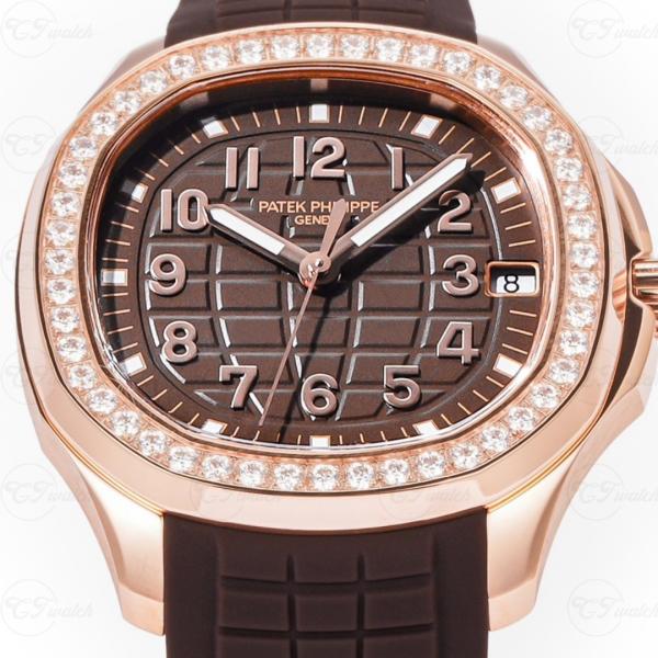 Patek Philippe Aquanaut en acier inoxydable, lunette diamants, cadran noir, bracelet en caoutchouc, montre automatique de luxe