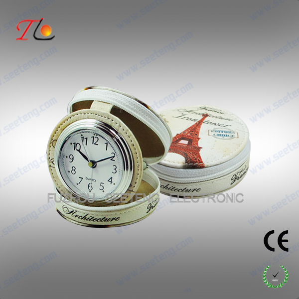 New portable and folding 3D flower printing PU Paris travel alarm clock for promotion