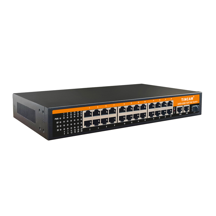 TiNCAM 27 Port PoE Switch 10/100Mbps 24 PoE Ports 2 Gigabit UPLINK 1 SFP Slot 100m/250m Transmission Modes 200W or 300W For IP Camera CCTV Surveillance TBC-PS4524N-3PF