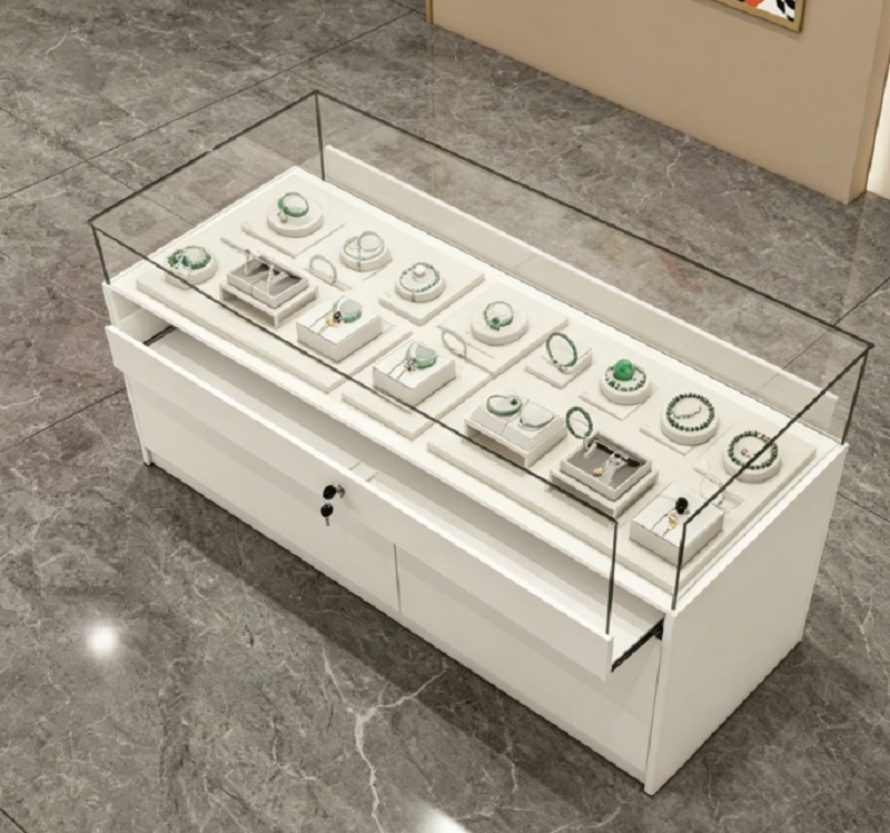 Modern Minimalist White Glass Jewelry Display Counter, Lockable Retail Showcase with Storage Drawers
