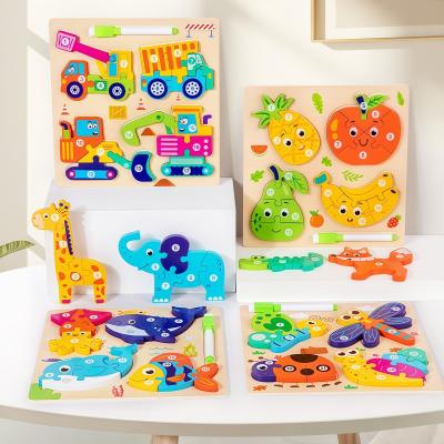 Montessori 4-in-1 Children's Wooden 3d Puzzle Early Education Cartoon Jigsaw With Drawing Board Certified En71 Games for Boys