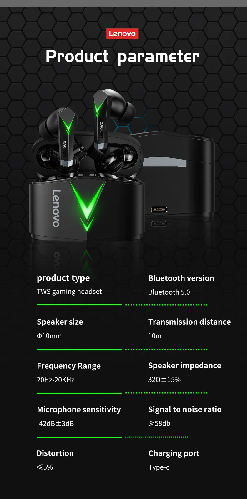 Lenovo LP6 In Ear Gaming Earbuds Gaming Bluetooth Earphones ROHS Certificate