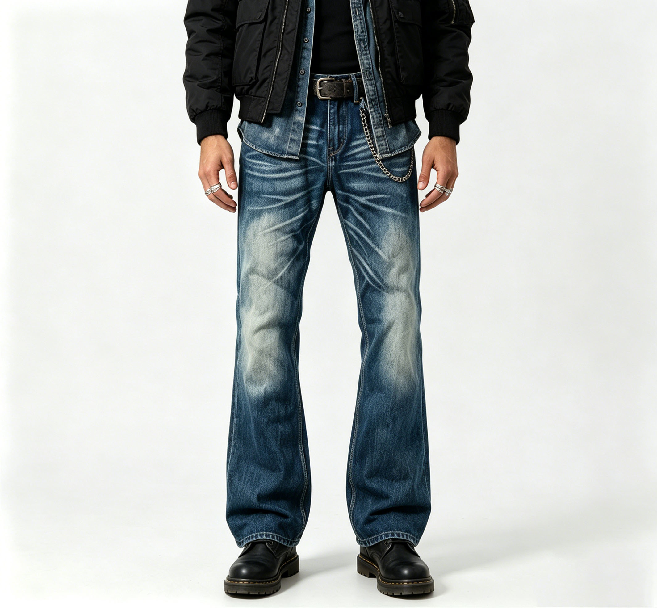 Vintage Washed Men's Jeans Flare Mid Rise Jeans With Whisker Detailing