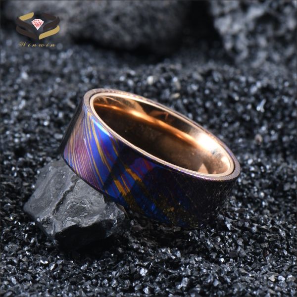 8mm Timascus Steel Ring with Rose Gold Titanium Inlay Add a Touch of Glamour to Your Look