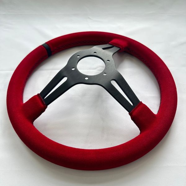 DELUXON Universal Red  Suede Racing Steering Wheels 350mm/70 MM Dish 6 Bolt With Black Stitching Black Spoke 