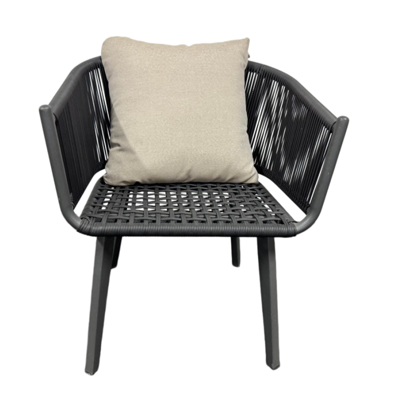 Beige Rope Woven Outdoor Dining Arm Chair with Aluminum Frame for Patio and Garden
