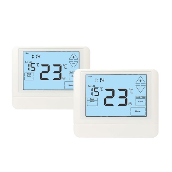 24V Conventional Electronic Room Touch Screen Programamble Thermostat Physical Dimensions 120mm W 98mm H 27mm D and Temperature Ranges 32°F to 99°F 0°C to 40°C Energy Management