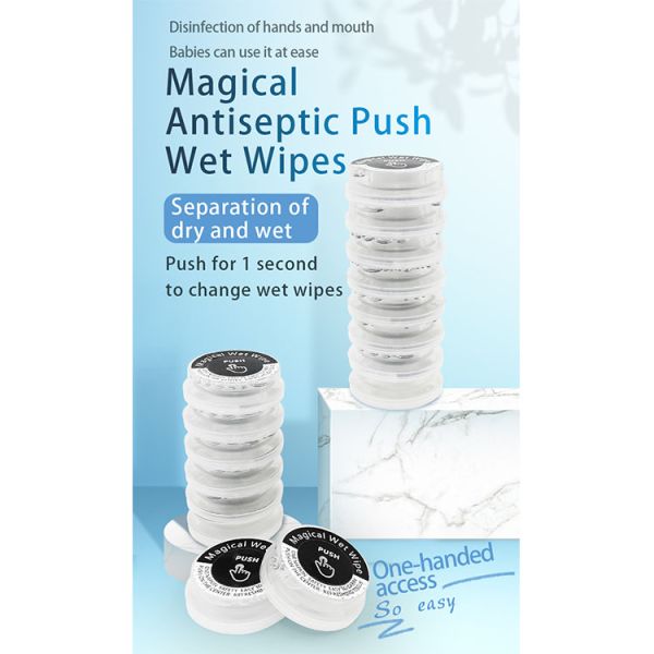 Environmentally Friendly OEM Portable Push Non-woven Biodegradable Towel Magical Tissue Coin Cleaning Wet Wipes