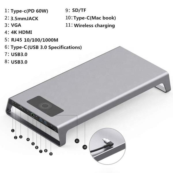 TYPE-C Male 11 In 1 Hub Computer Laptop Docking Station Adapter with 1000Mbps RJ45 and USB-C PD