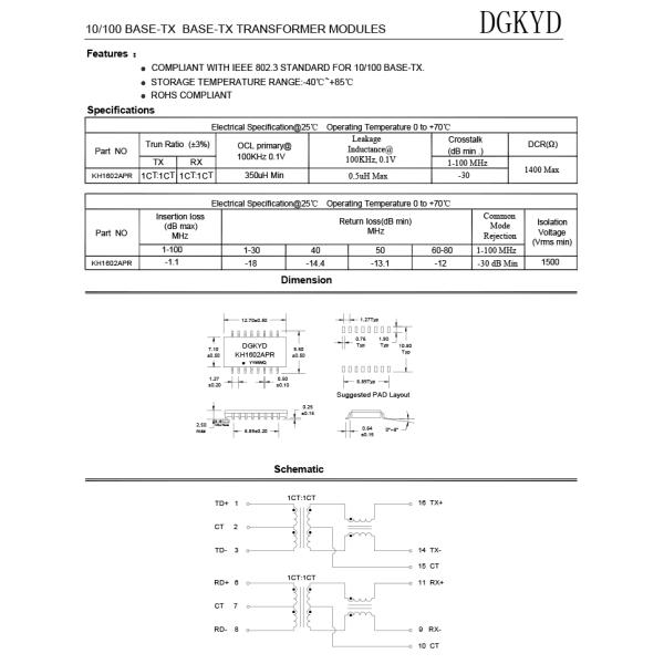 Локальные сети сети трансформатора локальных сетей 16PIN 100M KH1602APR q защищали