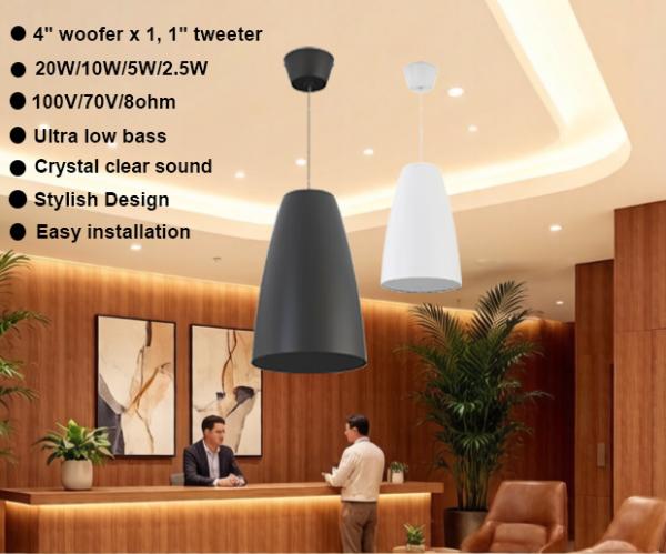 4'' Woofer 1'' Tweeter Hanging Speaker Crystal Sound 20W/10W/5W/2.5W 100V/8ohm Ultra Low Bass Black Color
