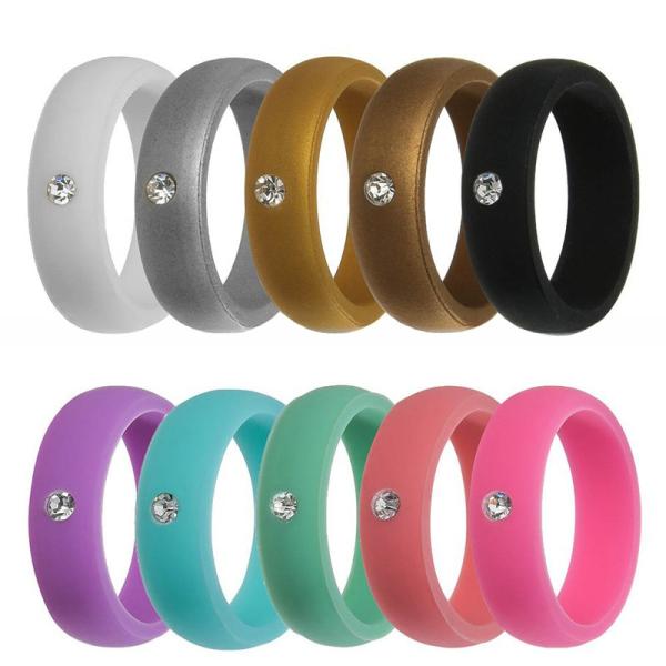 Wedding Silicone Rings Breathable 5.7mm with Cubic Zirconia Inlay Multi Colors
